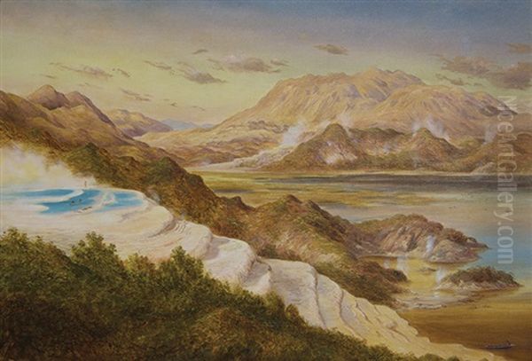 The Pink Terraces And A View Of Rotomahana Oil Painting by Kennett Watkins