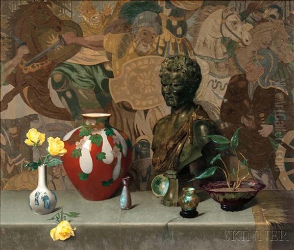 Still Life With Objets D'art And Yellow Roses Oil Painting by Harry Willson Watrous