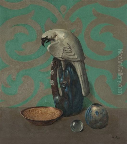 Still Life With Bird, Vase And Bowl Against A Green Background Oil Painting by Harry Willson Watrous