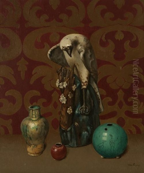 Still Life With Bird And Vases Against A Red Background Oil Painting by Harry Willson Watrous