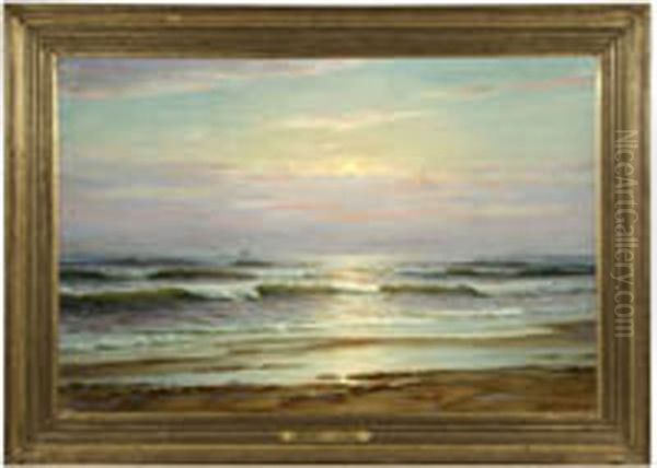 Off The Virginia Coast, Coastal View At Sunset With A Distant Clipper Ship Oil Painting by Charles A. Watson