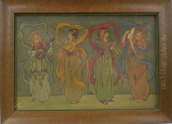 Arts And Crafts Depiction Of Four Dancing Women Oil Painting by Dawson Watson