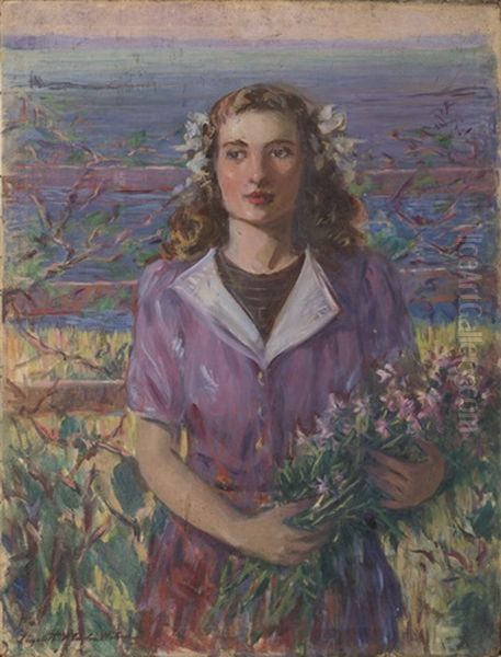 Young Woman Holding A Bunch Of Flowers At The Shore Oil Painting by Elizabeth Villa Taylor Watson