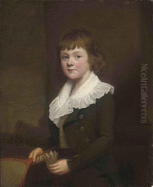 Portrait Of A Young Boy (george Edward Russell (1786-1863)?) In A Green Jacket And White Shirt, Before A Column, Holding A Battledore... Oil Painting by George C. Watson