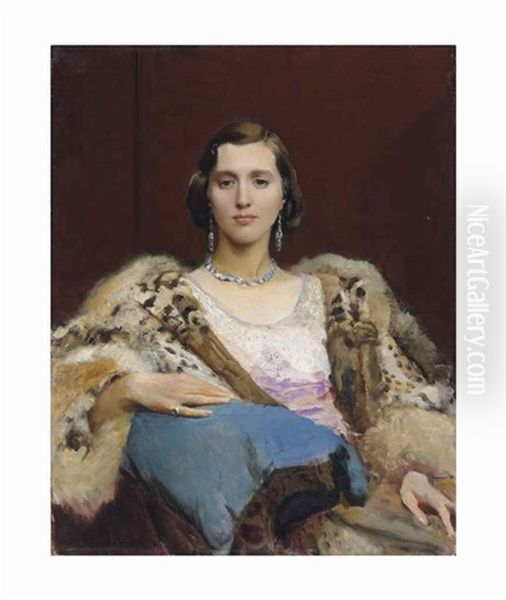 Portrait Of Miss Dewitt Wearing A Leopard Stole Oil Painting by George Spencer Watson