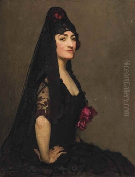 Portrait Of Marcelle Azra Hincks, Countess Morphy, Wearing A Spanish Mantilla Oil Painting by George Spencer Watson