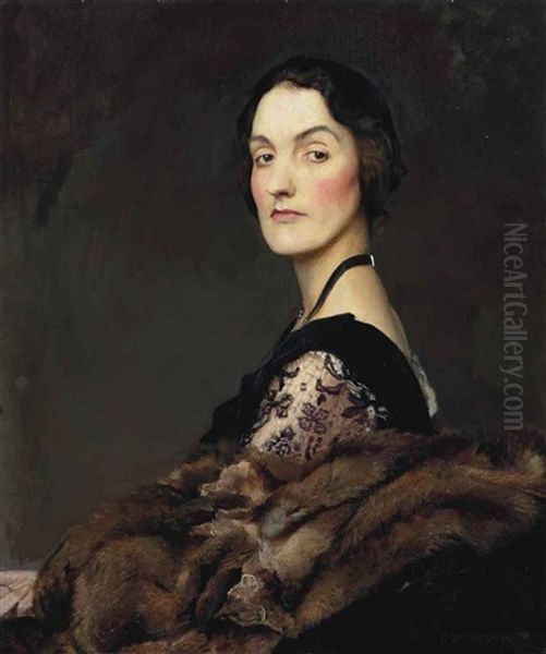 Portrait Of A Lady In A Black Velvet And Lace Dress, With A Fur Oil Painting by George Spencer Watson