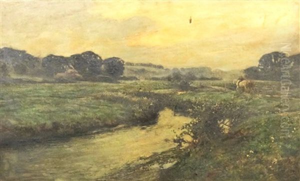 River Landscape Thought To Be On The Isle Of Elmley, Isle Of Sheppey, Kent, With Two Plough Horses On Track To Right Side Oil Painting by Harry Watson