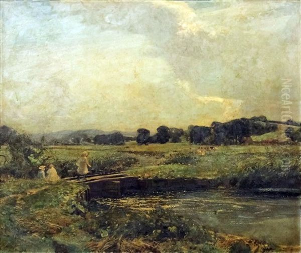 River Landscape, Thought To Be On The Isle Of Elmley, Isle Of Sheppey, Kent, With Three Children On Bridge To Foreground And Cattle And Farm To Background Oil Painting by Harry Watson