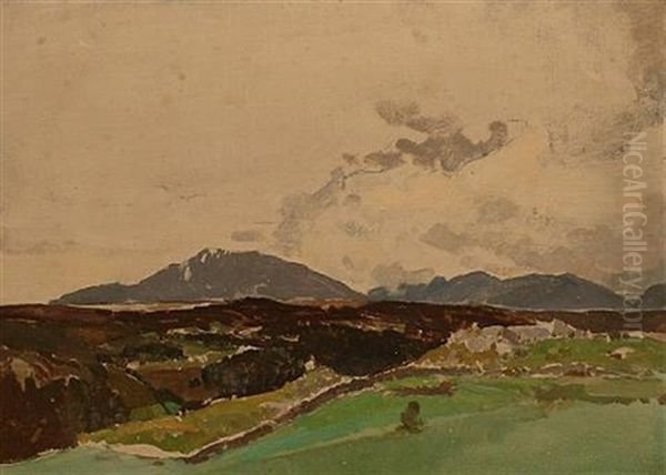 Mountain Landscape With Green Fields In The Foreground (+ 1 Other; 2 Works) by Harry Watson