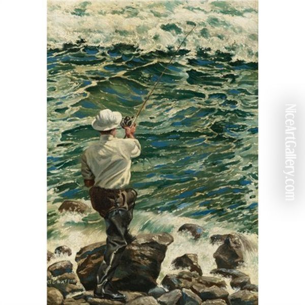 Casting Into The Montauk Surf Oil Painting by Henry Sumner (HY) Watson