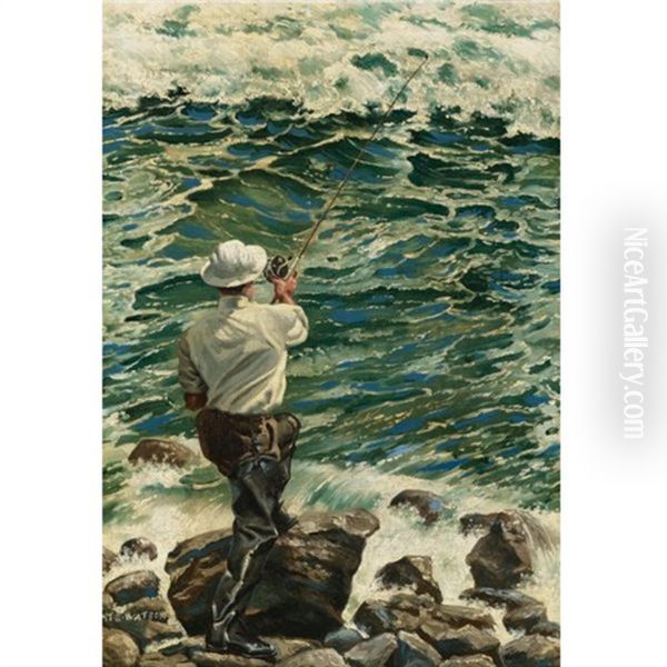 Casting Into The Montauk Surf Oil Painting by Henry Sumner (HY) Watson