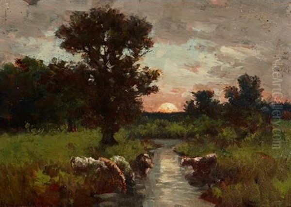 Cattle At Sunset Oil Painting by Homer Ransford Watson