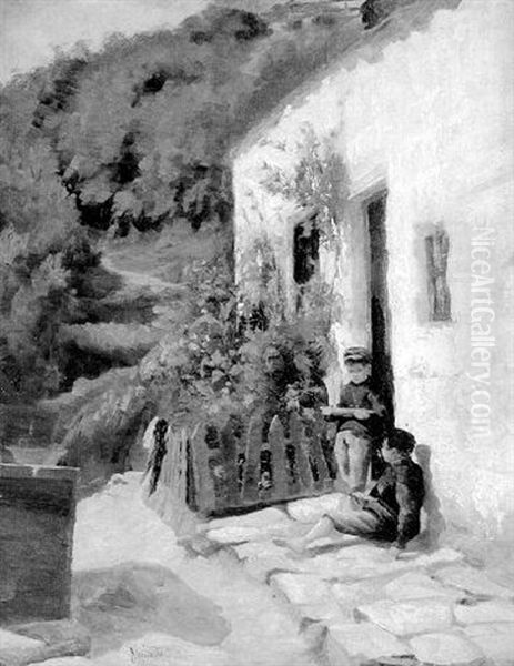 Two Boys Outside A Mediteranean House Oil Painting by James. Watson