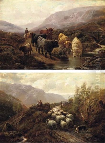 Highland Cattle (+ Herding Sheep; Pair) Oil Painting by Robert F. Watson