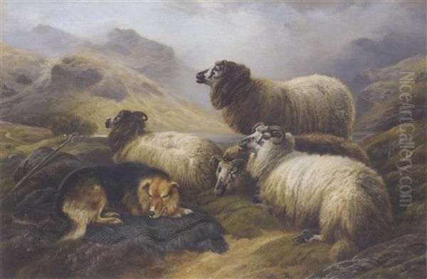 Sheep By A Loch In A Highland Landscape Oil Painting by Robert F. Watson