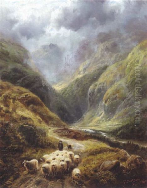 Shepherd With His Flock In A Highland Valley Oil Painting by Robert F. Watson