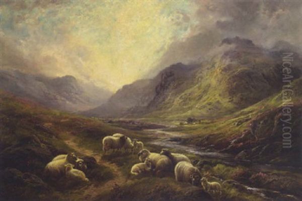 Sheep Resting In A Highland Landscape Oil Painting by Robert F. Watson