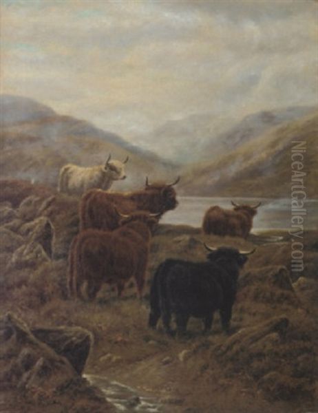 Cattle In A Highland Landscape Oil Painting by Robert F. Watson