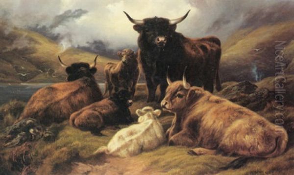 Cattle In The Highlands Oil Painting by Robert F. Watson