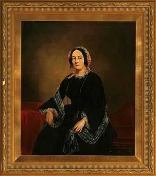 Portrait Of A Woman In A Black Dress And Lace Bonnet, Sitting In A Chair Next To A Table With A Red Table Cloth Oil Painting by Stewart Watson