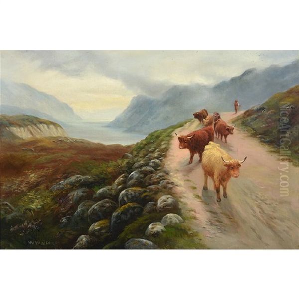 Scottish Landscape With Cows Oil Painting by William R.C. Watson