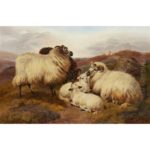 Sheep On A Hillside Oil Painting by William R.C. Watson