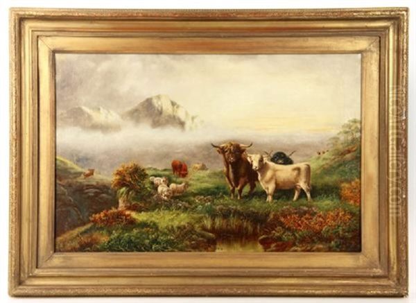 Scottish Steer And Cows Oil Painting by William R.C. Watson