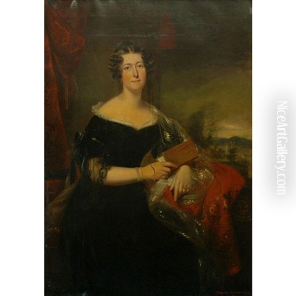 Portrait Of A Lady, Three-quarter Length, With A View Of Prestonfield House, Midlothian Oil Painting by William Smellie Watson