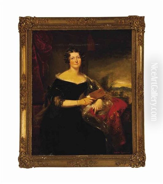 Portrait Of A Lady, Three-quarter Length, With A View Of Prestonfield House, Midlothian Oil Painting by William Smellie Watson