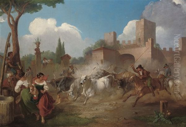 Buttari Driving Roman Oxen Through The Porta St. Paolo Oil Painting by William Stewart Watson