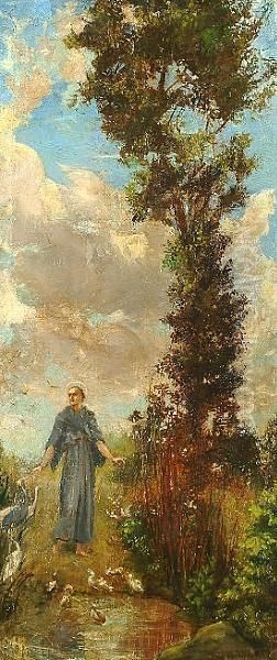 'st. Francis Preaching To The Birds'. Oil Painting by William Edward Frank Britten