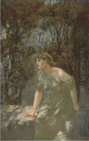 A Maiden Seated On A Wall Oil Painting by William Edward Frank Britten