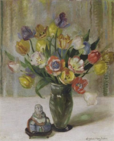 Tulips In A Glass Vase, With A Budha On A Table Oil Painting by Elizabeth Mary Watt