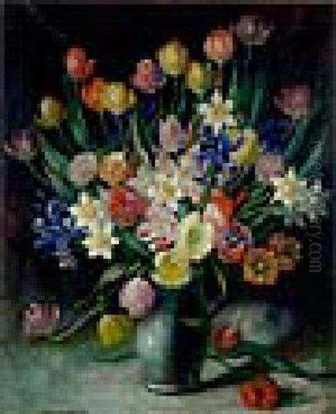 Tulips, Daffodils And Irises In A Green Vase Oil Painting by Elizabeth Mary Watt