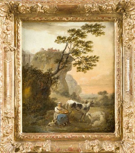 Schalmei Spielender Schafer (+ Rastende Magd Auf Einem Fels, Lrgr; Pair) Oil Painting by Francois Louis Watteau