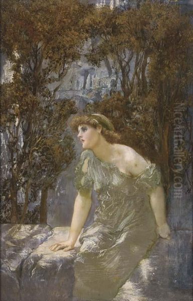 A Maiden Seated On A Wall Oil Painting by William Edward Frank Britten