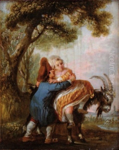 Enfants Jouant Avec Une Chevre Oil Painting by Francois Louis Watteau