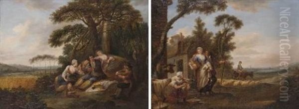 Le Repas Des Moissonneurs (+ La Jeune Laitiere Courtisee; Pair) Oil Painting by Francois Louis Watteau