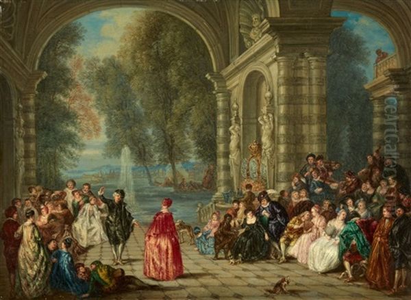 Fete Galante With Blind Man's Buff Fete Galante With Courtly Dancing Oil Painting by Jean-Antoine Watteau