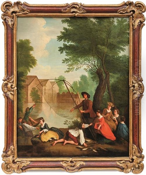 Vornehme Gesellschaft Beim Fischen Am Flussufer Oil Painting by Louis Joseph Watteau