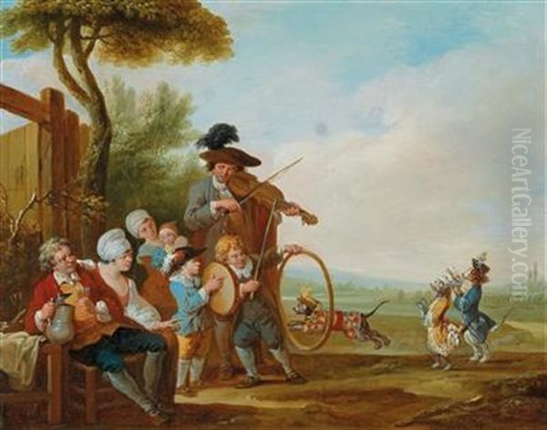 Merry-making Musicians; And A Bagpipe-player In Front Of A Tavern Oil Painting by Louis Joseph Watteau