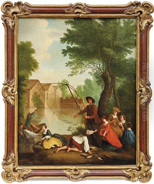 Vornehme Gesellschaft Beim Fischen Am Flussufer Oil Painting by Louis Joseph Watteau