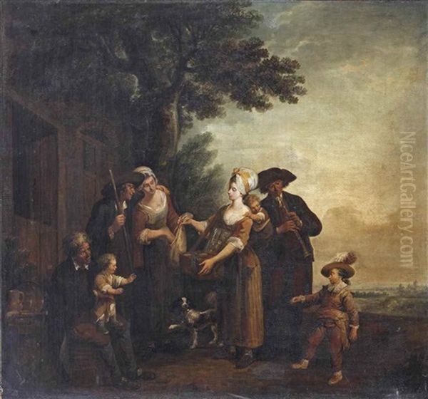 A Pastoral Scene With A Merchant Family Presenting Goods To A Family Outside A House Oil Painting by Louis Joseph Watteau