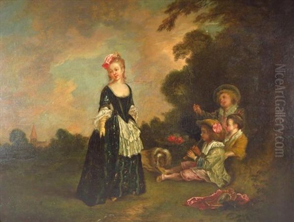 Woman With Young Boys & Dog Oil Painting by Louis Joseph Watteau