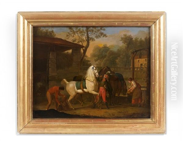 Un Hussard Abreuvant Son Cheval A Une Halte Oil Painting by Louis Joseph Watteau