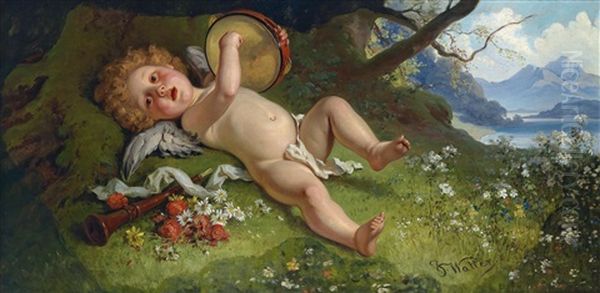 Tamburin Spielender Cupid Oil Painting by Joseph Watter