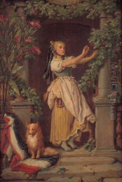 In Erwartung - Junge Frau Den Eingang Des Hauses Mit Girlanden Und Der Trikolore Schmuckend Oil Painting by Joseph Watter