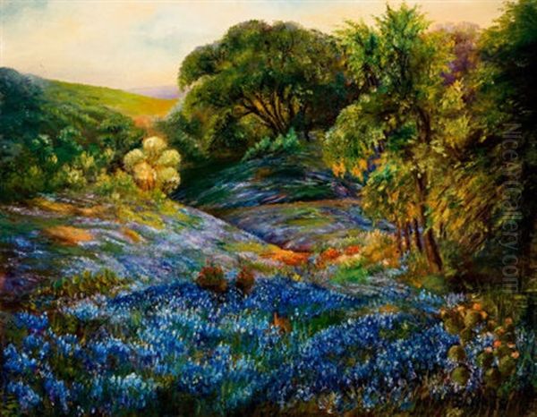 Landscape With Blue Bonnets Oil Painting by Beujah Watts