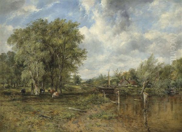 A Wooded Landscape With A Cattle And Cottage Beyond Oil Painting by Frederick Waters Watts